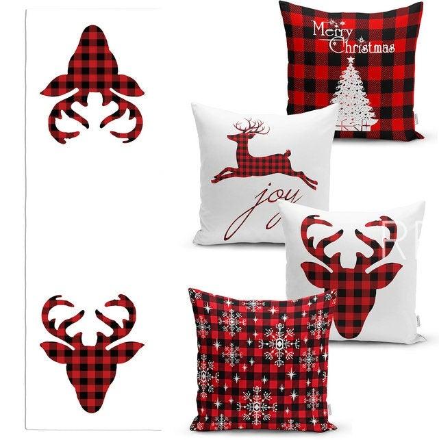 Set of 4 Christmas Pillow Covers and 1 Table Runner|Winter Trend Buffalo Check Merry Christmas Home Decor|Red Plaid Xmas Runner and Cushion