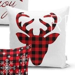 Set of 4 Christmas Pillow Covers and 1 Table Runner|Winter Trend Buffalo Check Merry Christmas Home Decor|Red Plaid Xmas Runner and Cushion