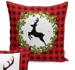 Set of 4 Christmas Pillow Covers and 1 Table Runner|Winter Trend Buffalo Check Merry Xmas Home Decor|Red Plaid Xmas Runner and Cushion Cover