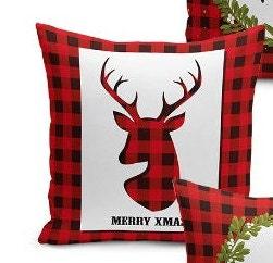 Set of 4 Christmas Pillow Covers and 1 Table Runner|Winter Trend Buffalo Check Merry Xmas Home Decor|Red Plaid Xmas Runner and Cushion Cover