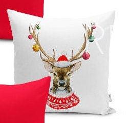 Set of 4 Christmas Pillow Covers and 1 Table Runner|Red White Gray Xmas Deer Home Decor|Buckhorn and Merry Christmas Print Runner, Cushion