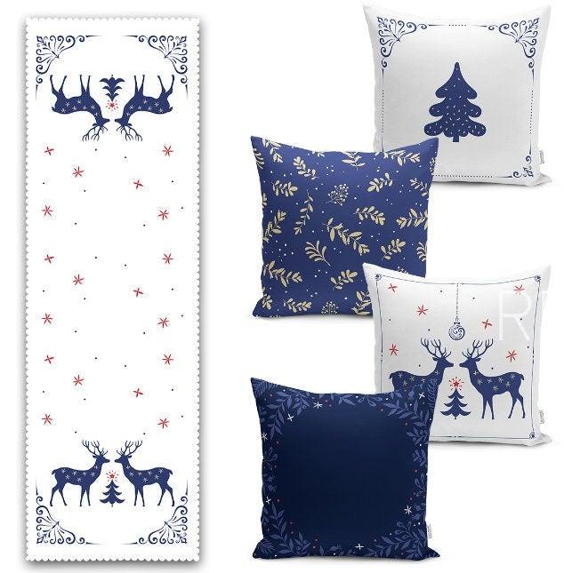 Set of 4 Christmas Pillow Covers and 1 Table Runner|Floral Blue White Xmas Deer and Xmas Tree Home Decor|Winter Trend Runner and Pillow Case