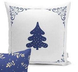 Set of 4 Christmas Pillow Covers and 1 Table Runner|Floral Blue White Xmas Deer and Xmas Tree Home Decor|Winter Trend Runner and Pillow Case