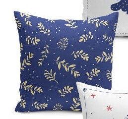 Set of 4 Christmas Pillow Covers and 1 Table Runner|Floral Blue White Xmas Deer and Xmas Tree Home Decor|Winter Trend Runner and Pillow Case