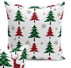 Set of 4 Christmas Pillow Covers and 1 Table Runner|Winter Trend Checkered Xmas Deer, Xmas Tree Home Decor|Checkered Leaves Runner, Pillow