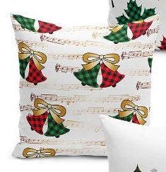 Set of 4 Christmas Pillow Covers and 1 Table Runner|Red Green Checkered Xmas Bell and Leaves Home Decor|Xmas Tree Pillow Case and Table Top