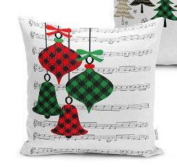 Set of 4 Christmas Pillow Covers and 1 Table Runner|Red Green Checkered Xmas Bell and Leaves Home Decor|Xmas Tree Pillow Case and Table Top