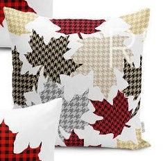 Set of 4 Christmas Pillow Covers and 1 Table Runner|Winter Trend Home Decor|Red, Gray, Beige Checkered Leaves Pillow Cover|Xmas Throw Pillow