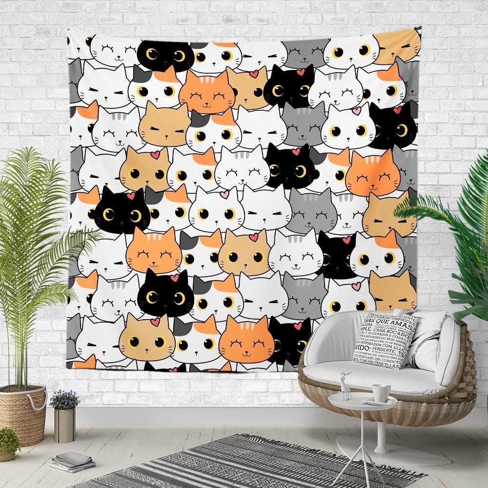 Cat Wall Tapestry|Animal Print Wall Hanging Art Decor|Housewarming Square Fabric Wall Decor|Decorative Cats, Moon, Leaves and Birds Tapestry