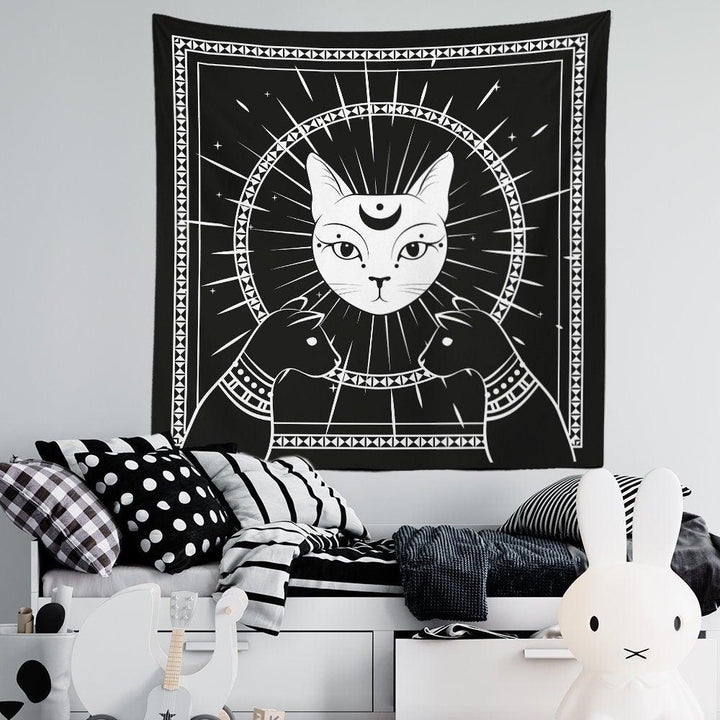 Cat Wall Tapestry|Animal Print Wall Hanging Art Decor|Housewarming Square Fabric Wall Decor|Decorative Cats, Moon, Leaves and Birds Tapestry