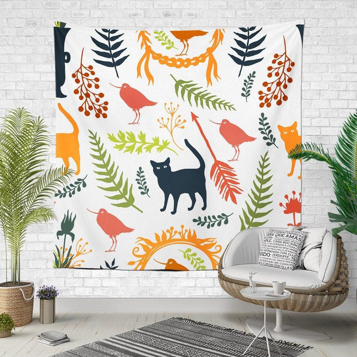 Cat Wall Tapestry|Animal Print Wall Hanging Art Decor|Housewarming Square Fabric Wall Decor|Decorative Cats, Moon, Leaves and Birds Tapestry