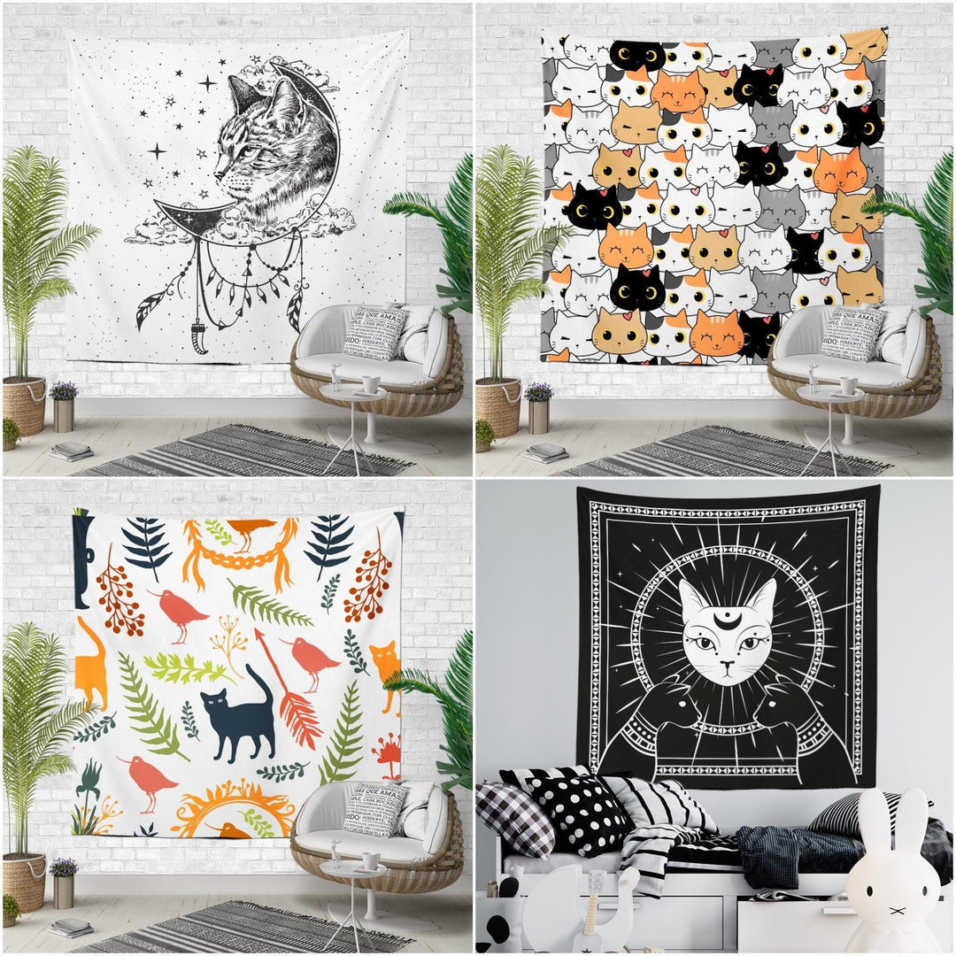 Cat Wall Tapestry|Animal Print Wall Hanging Art Decor|Housewarming Square Fabric Wall Decor|Decorative Cats, Moon, Leaves and Birds Tapestry