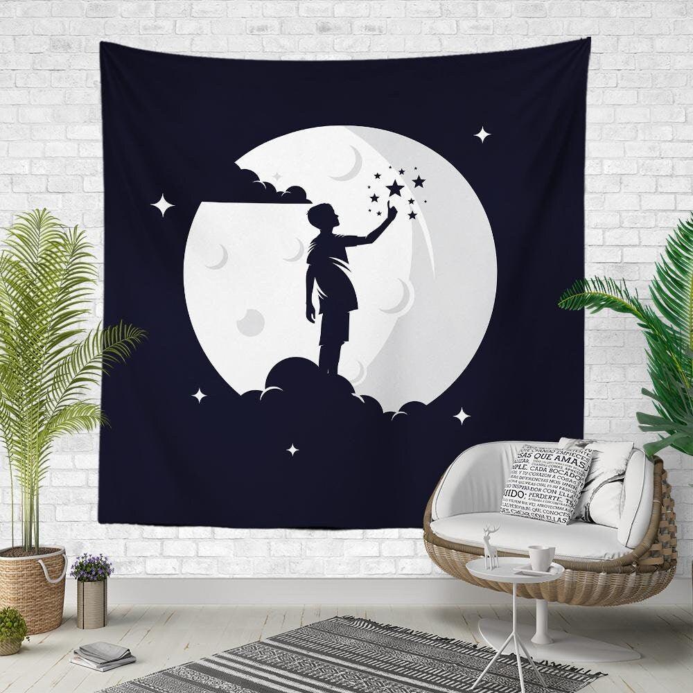 Moon and Stars Wall Tapestry|Black White Moon Wall Hanging Art Decor|Moon Balls Fabric Wall Art|Moon Clouds and Boy at Night Wall Tapestry