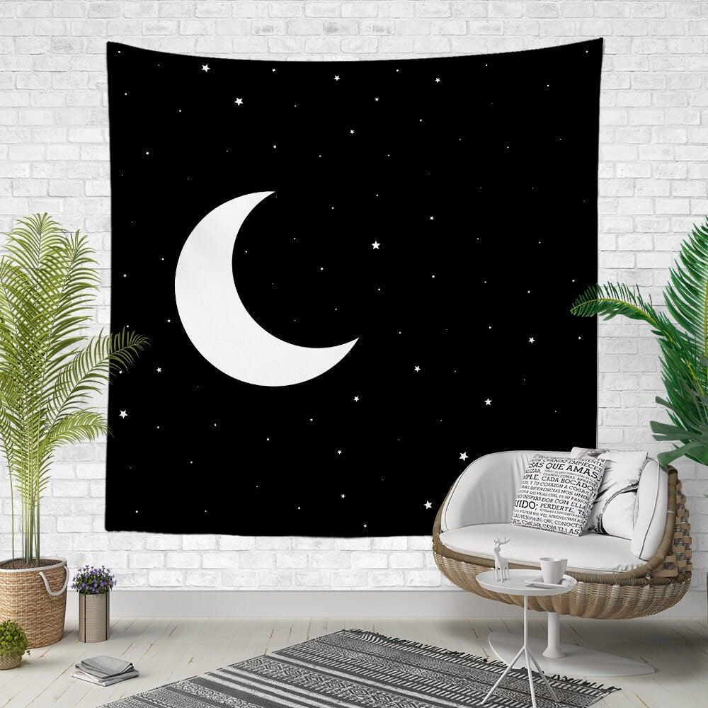 Moon and Stars Wall Tapestry|Black White Moon Wall Hanging Art Decor|Moon Balls Fabric Wall Art|Moon Clouds and Boy at Night Wall Tapestry