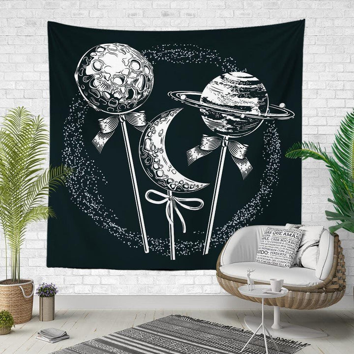 Moon and Stars Wall Tapestry|Black White Moon Wall Hanging Art Decor|Moon Balls Fabric Wall Art|Moon Clouds and Boy at Night Wall Tapestry