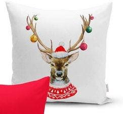 Set of 4 Christmas Pillow Covers and 1 Table Runner|Red Gray Xmas Deer Home Decor|Buckhorn, Plaid Cushion Case and Merry Christmas Runner