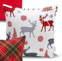 Set of 4 Christmas Pillow Covers and 1 Table Runner|Red Gray Xmas Deer Home Decor|Buckhorn, Plaid Cushion Case and Merry Christmas Runner