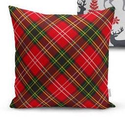 Set of 4 Christmas Pillow Covers and 1 Table Runner|Red Gray Xmas Deer Home Decor|Buckhorn, Plaid Cushion Case and Merry Christmas Runner