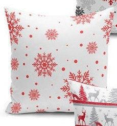 Set of 4 Christmas Pillow Covers and 1 Table Runner|Red White Gray Snowflake and Xmas Deer/Tree Decor|Winter Trend Runner and Striped Pillow