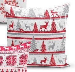 Set of 4 Christmas Pillow Covers and 1 Table Runner|Red White Gray Snowflake and Xmas Deer/Tree Decor|Winter Trend Runner and Striped Pillow