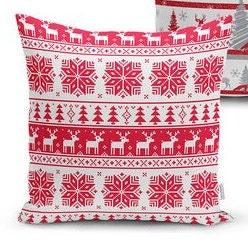 Set of 4 Christmas Pillow Covers and 1 Table Runner|Red White Gray Snowflake and Xmas Deer/Tree Decor|Winter Trend Runner and Striped Pillow