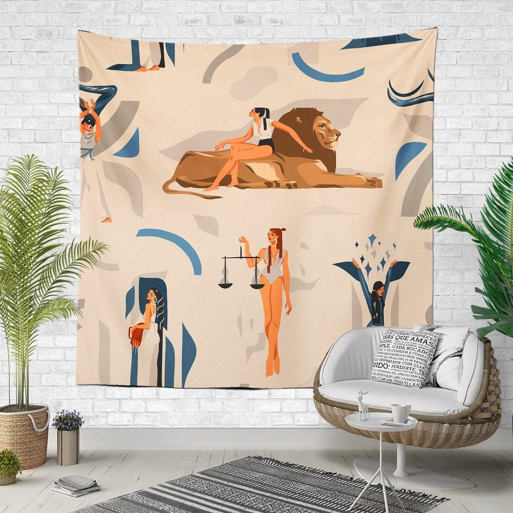 Ancient Egypt Wall Tapestry|Ancient Lords Wall Hanging Art Decor|Ethnic Symbols Fabric Wall Art|Oriental Style Wall Tapestry|Woman and Lion