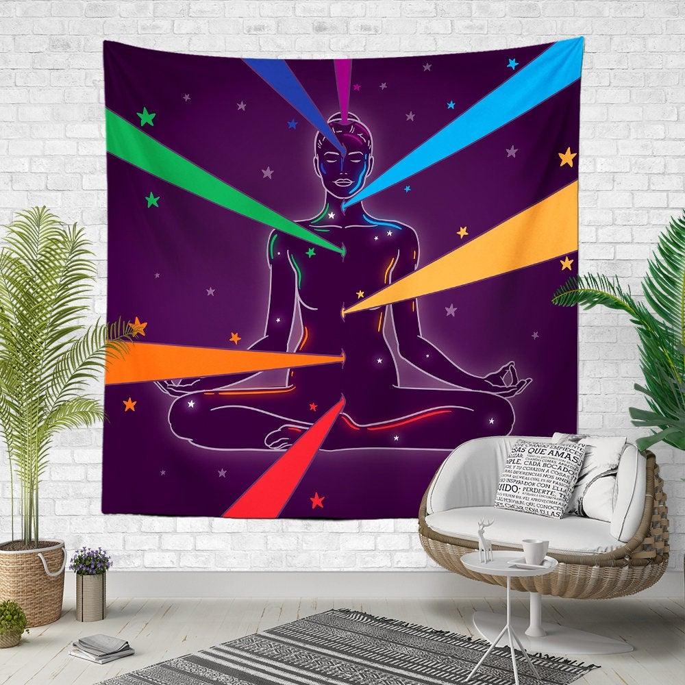 Body Chakra Wall Tapestry|Meditation Wall Hanging Art Decor|Decorative Mantra Fabric Wall Art|Oriental Style Concentration Wall Tapestry