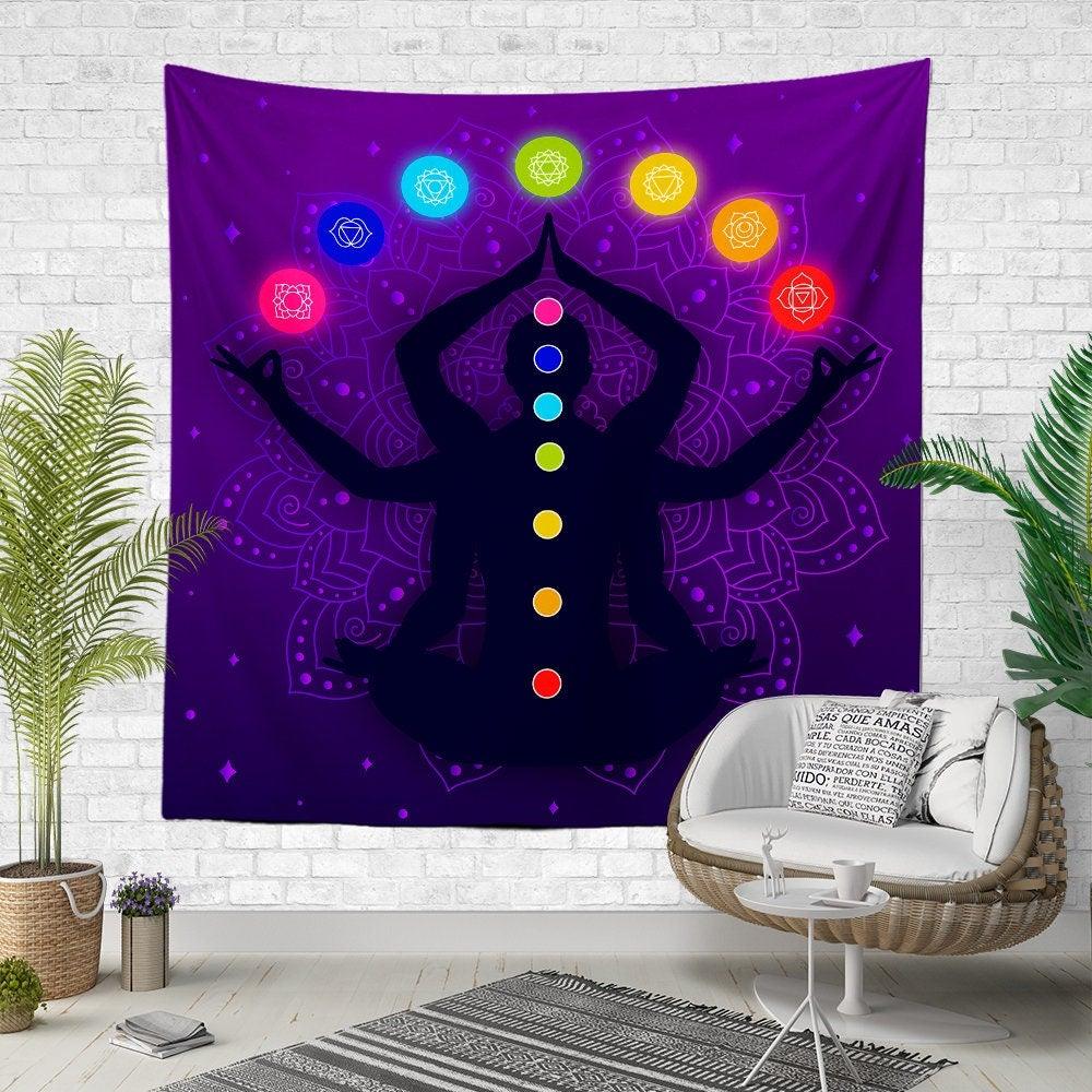 Body Chakra Wall Tapestry|Meditation Wall Hanging Art Decor|Decorative Mantra Fabric Wall Art|Oriental Style Concentration Wall Tapestry