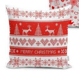 Set of 4 Christmas Pillow Covers and 1 Table Runner|Red White Xmas Deer and Xmas Tree Home Decor|Merry Christmas Runner and Cushion Case