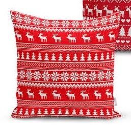 Set of 4 Christmas Pillow Covers and 1 Table Runner|Red White Xmas Deer and Xmas Tree Home Decor|Winter Trend Tablecloth and Cushion Cover