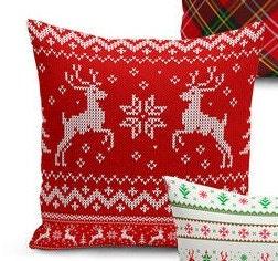 Set of 4 Christmas Pillow Covers and 1 Table Runner|Red Xmas Deer, Green Xmas Tree Home Decor|Red Snowflake Tablecloth|Plaid Cushion Cover