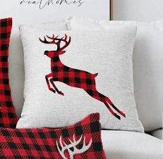 Set of 4 Christmas Pillow Covers|Buffalo Check Christmas Deer Home Decor|Winter Trend Chenille Pillow Top|Housewarming Xmas Throw Pillow