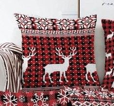 Set of 4 Christmas Pillow Covers|White Christmas Deer Home Decor|Winter Trend Xmas Tree Pillow Top|Snowflake on Buffalo Check Throw Pillow