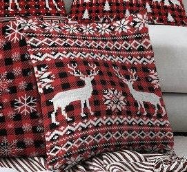 Set of 4 Christmas Pillow Covers|White Christmas Deer Home Decor|Winter Trend Xmas Tree Pillow Top|Snowflake on Buffalo Check Throw Pillow