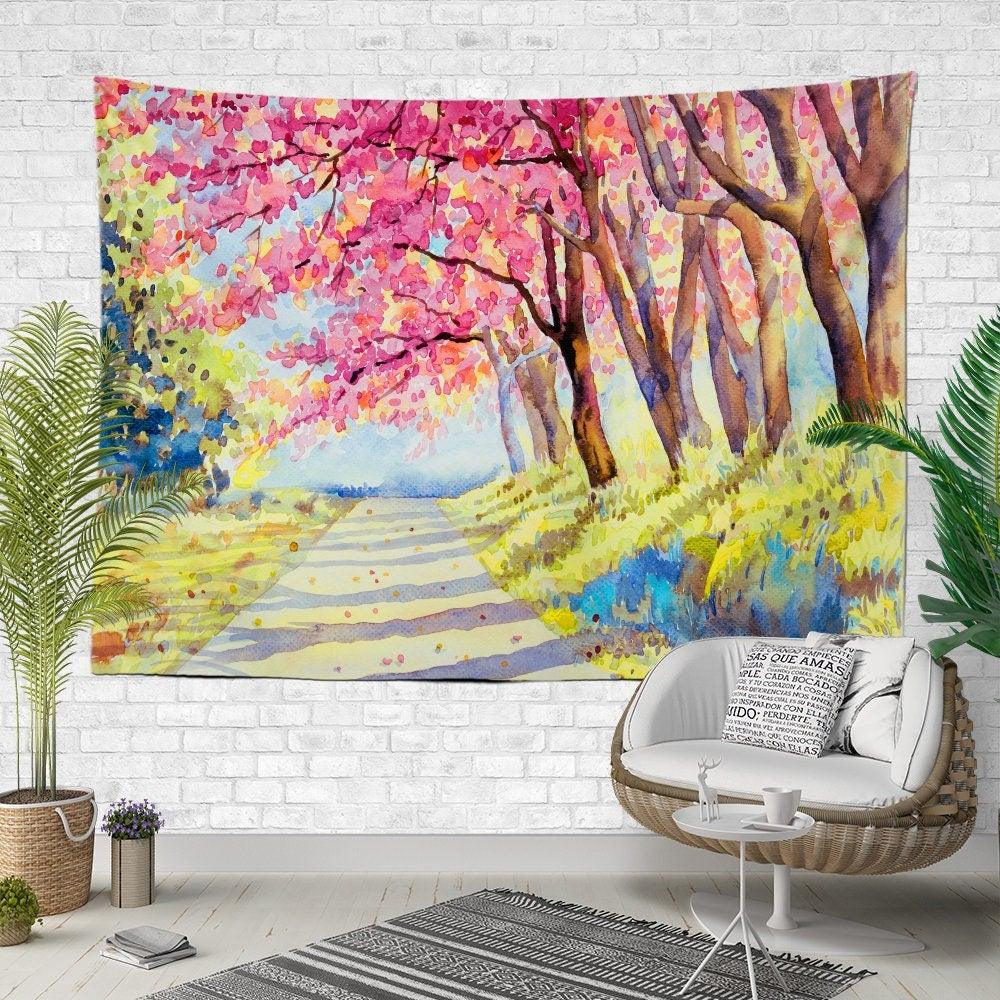 Forest Landscape Wall Tapestry|Green Turquoise Blue and Pink Trees Wall Hanging Art Decor|Rectangle Fabric Wall Art|Snowy Forest Tapestry