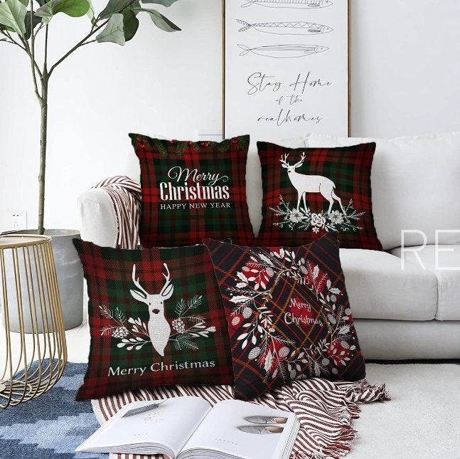 Set of 4 Christmas Pillow Covers|Merry Xmas and Happy New Year Home Decor|Floral Xmas Deer Pillow Top|Winter Trend Buffalo Check Pillow Top