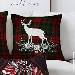 Set of 4 Christmas Pillow Covers|Merry Xmas and Happy New Year Home Decor|Floral Xmas Deer Pillow Top|Winter Trend Buffalo Check Pillow Top