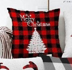 Set of 4 Christmas Pillow Covers|Merry Xmas and Joy Home Decor|Buffalo Check Xmas Deer and Buckhorn Pillow Top|Plaid Winter Trend Pillow Top