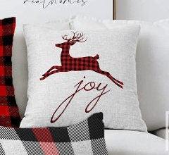 Set of 4 Christmas Pillow Covers|Merry Xmas and Joy Home Decor|Buffalo Check Xmas Deer and Buckhorn Pillow Top|Plaid Winter Trend Pillow Top