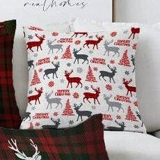 Set of 4 Christmas Pillow Covers|Merry Xmas and Happy New Year Home Decor|Xmas Deer and Tree Pillow|Winter Trend Buffalo Check Pillow Cover