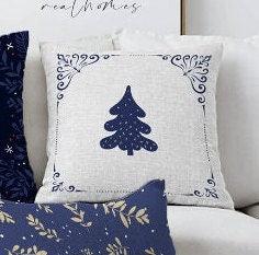 Set of 4 Christmas Pillow Covers|Blue White Xmas Deer Decor|Winter Trend Cushion Case|Beige Blue Leaves Throw Pillow|Christmas Tree Cushion