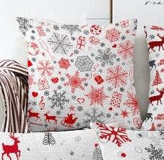 Set of 4 Christmas Pillow Covers|Merry Xmas Home Decor|Xmas Deer and Tree Pillow|Winter Trend Pillow Cover|Red Gray Snowflake Cushion Cover