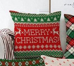 Set of 4 Christmas Pillow Covers|Merry Xmas Cushion Case|Xmas Deer, Xmas Tree and Snowflake Print Pillow Top|Plaid Winter Trend Pillow Sham