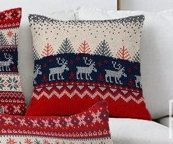 Set of 4 Christmas Pillow Covers|Red Blue Gray Xmas Cushion Case|Xmas Deer, Xmas Tree and Snowflake Print Pillow Top|Winter Trend Pillow