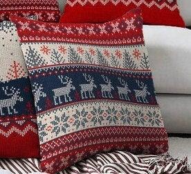 Set of 4 Christmas Pillow Covers|Red Blue Gray Xmas Cushion Case|Xmas Deer, Xmas Tree and Snowflake Print Pillow Top|Winter Trend Pillow