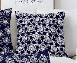 Set of 4 Winter Trend Pillow Covers|Xmas Home Decor|White Snowflake on Navy Blue Background Pillow|Christmas Pillow Cover|Xmas Throw Pillow