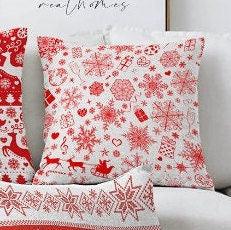 Set of 4 Christmas Pillow Covers|Merry Xmas Home Decor|Red White Xmas Deer and Tree Pillow|Winter Trend Pillow Cover|Snowflake Cushion Case