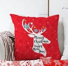 Set of 4 Christmas Pillow Covers|Merry Xmas Happy New Year Home Decor|Red White Xmas Pillow Top|Winter Trend Pillow Cover|Snowflake Cushion