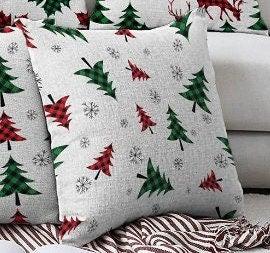 Set of 4 Christmas Pillow Covers|Red Green Checkered Deer and Pine Tree Pillow|Winter Trend Checkered Leaves Cushion|Xmas Throw Pillow Case