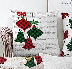 Set of 4 Christmas Pillow Covers|Red Green Checkered Xmas Bell and Xmas Tree|Winter Trend Checkered Leaves Cushion Case|Xmas Throw Pillow